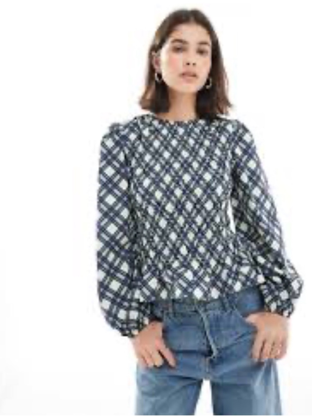 ASOS Plaid Puff-Sleeve Blouse in Blue NWT